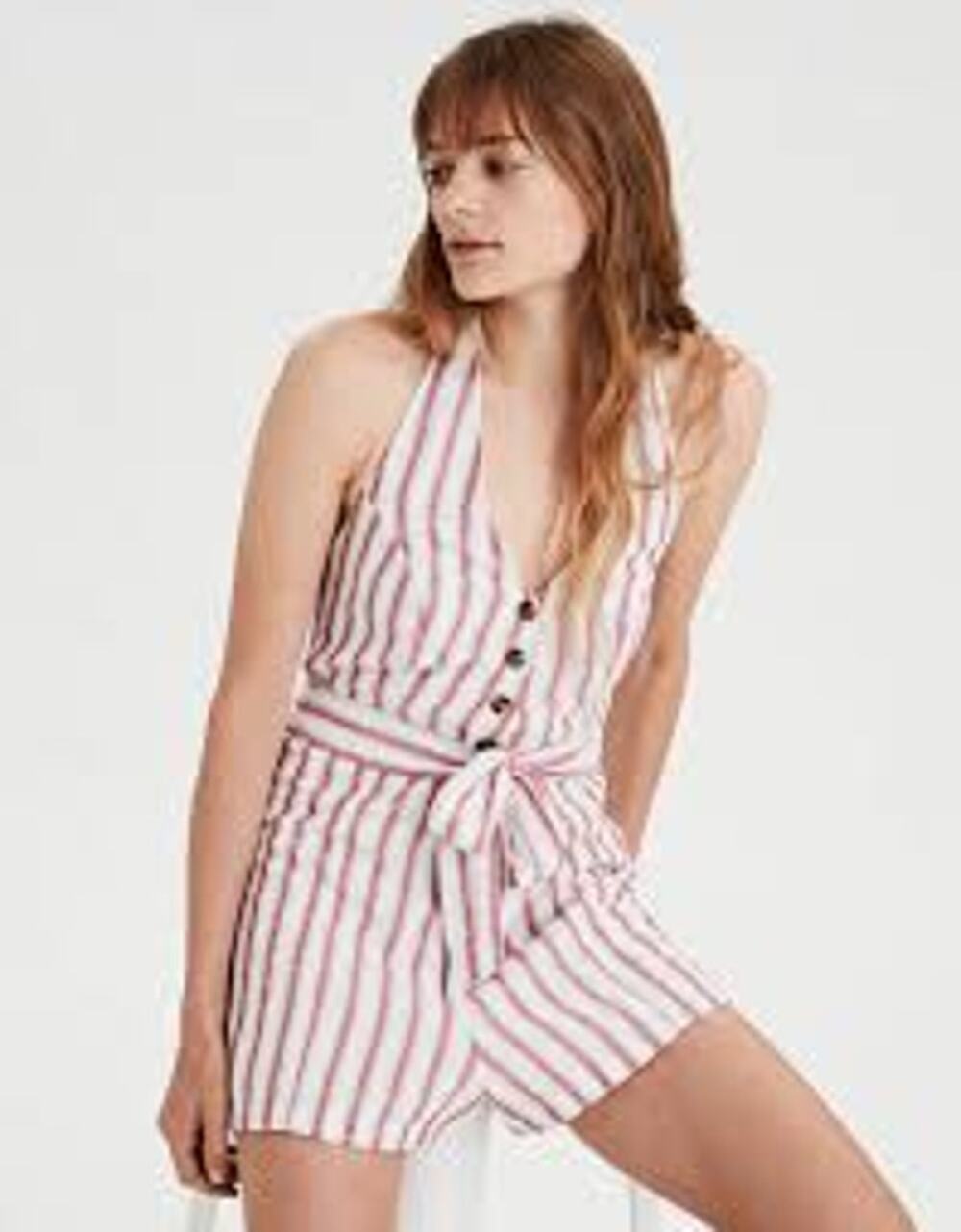 NWT American Eagle Striped Halter Romper Womens Medium Red White